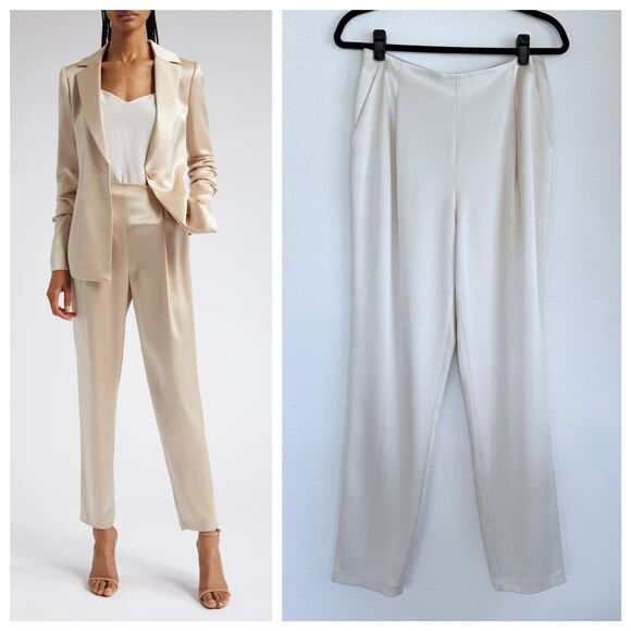NWT Alice + Olivia Women's Jesse Slim Fit High Rise Satin Pants in Champagne 8
